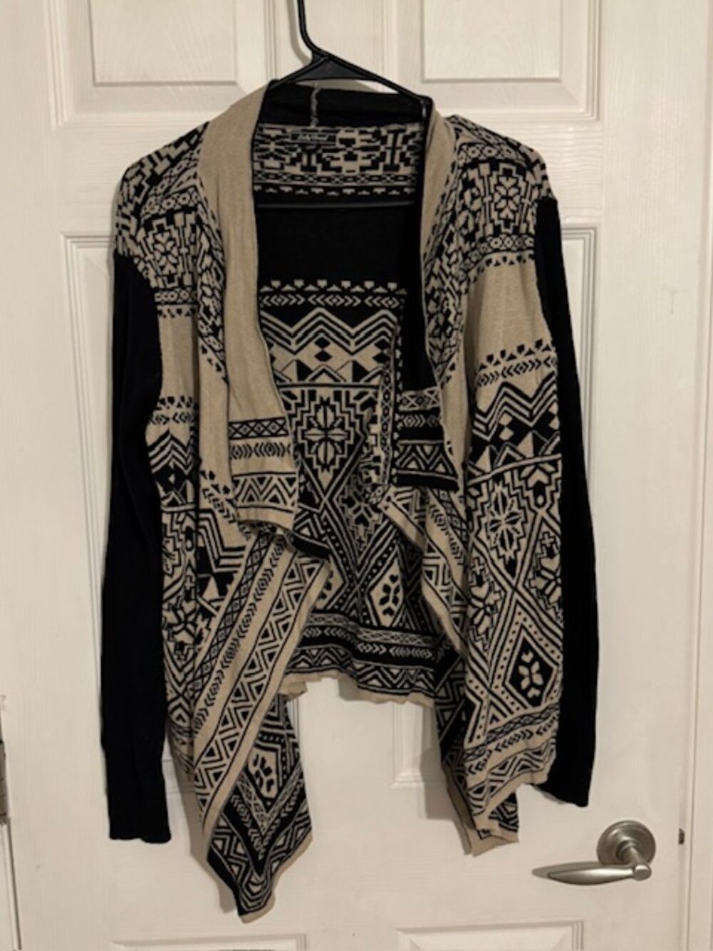 Lucky Brand Draped Black and Tan Geometric Patterned Women's Cardigan, Size L